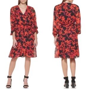 Calvin Klein Floral Print 3/4 Sleeve Belted Dress Size Medium